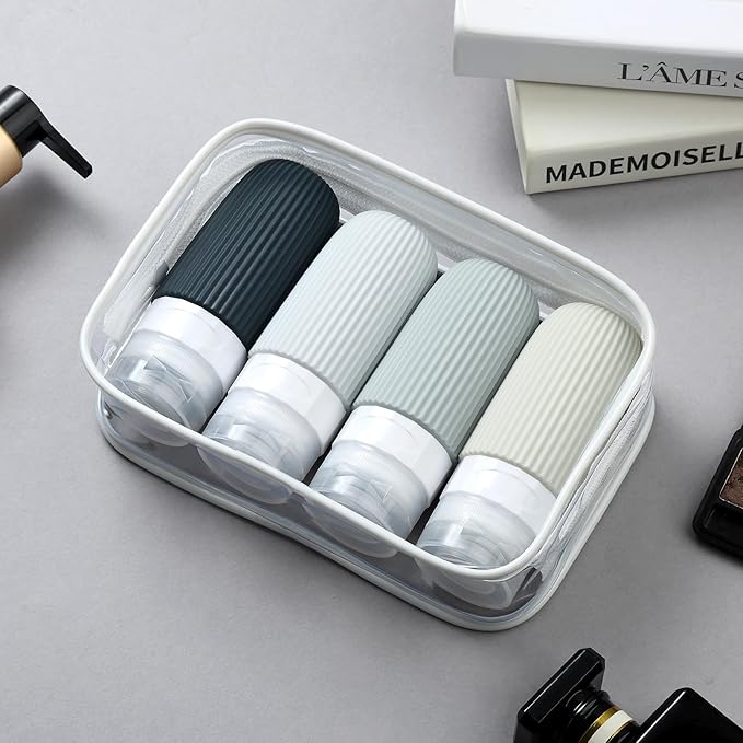 Travel Bottles for Toiletries, Tsa Approved 2oz Travel Bottles, BPA Free Leak Proof Travel Size Toiletry Containers, Refillable Travel Accessories with Toiletry Bag for Shampoo Liquid (4 Pack)