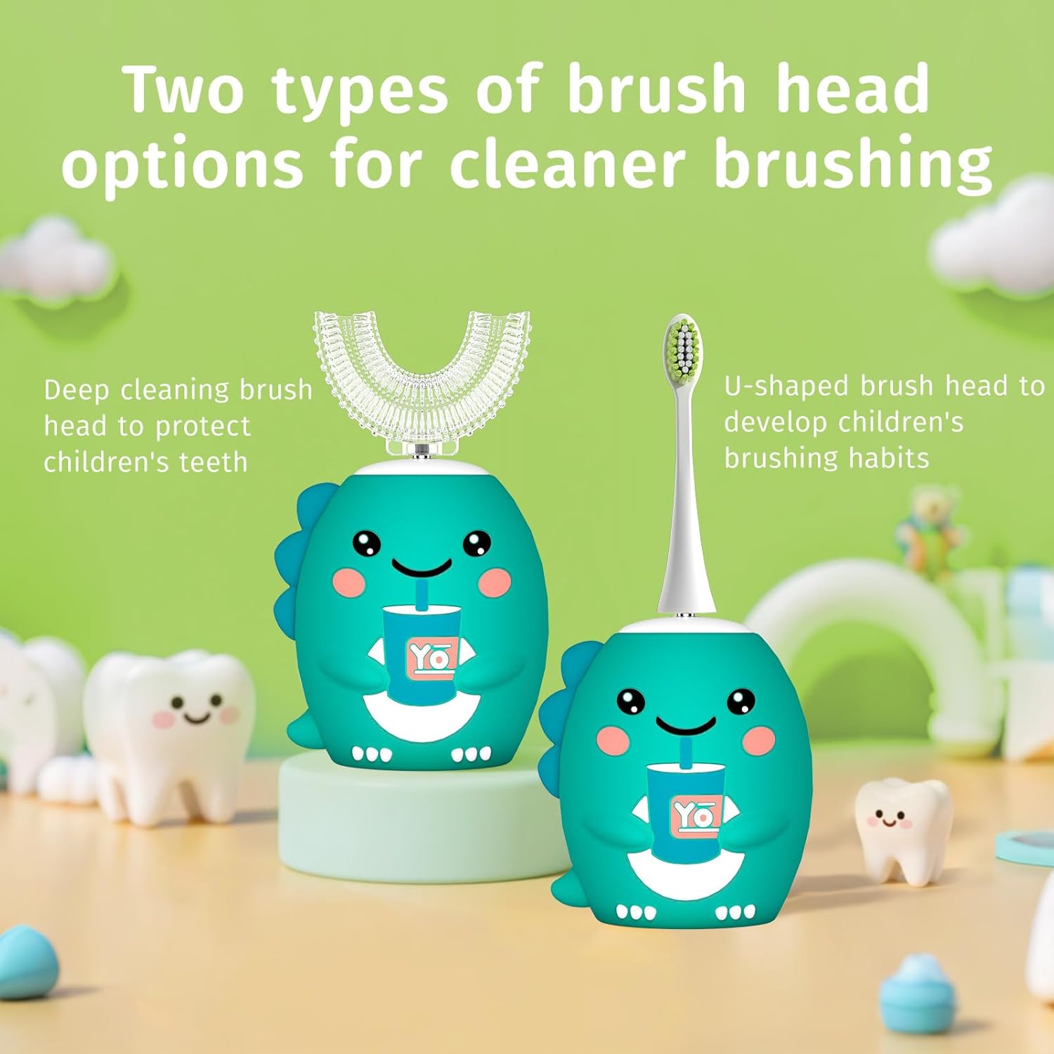 Kids U Shaped Electric Toothbrush，auto Sonic Baby Toothbrush，Cartoon Dinosaur 360-Degree Cleaning IPX7 Waterproof Design （8-15y）