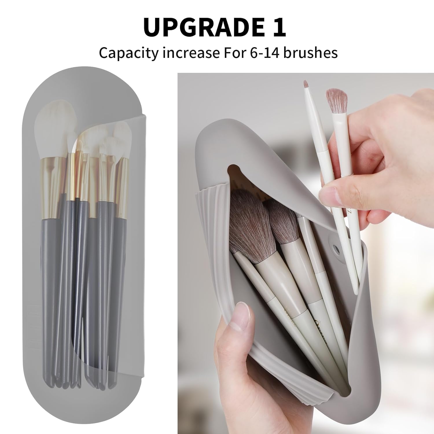 Silicone Makeup Brush Holder Travel Cosmetic Bag：Soft Portable Cosmetic Face Brushes Holder with Upgrade Anti-Fall Out Magnetic Closure, Large Travel Makeup Brush Case - Stone