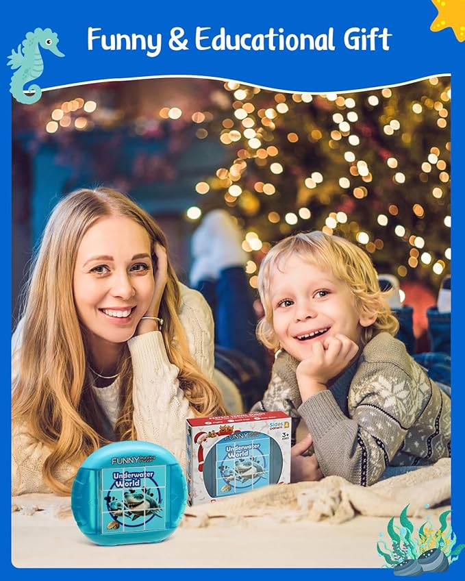 Rotating 3D Puzzle for Kids 3 4 5 6 7 Year Old, 4 Puzzles in 1, Handheld Game Fidget Toys for Travel, Cars & Plane, Fine Motor Skills Developing (Marine Life)