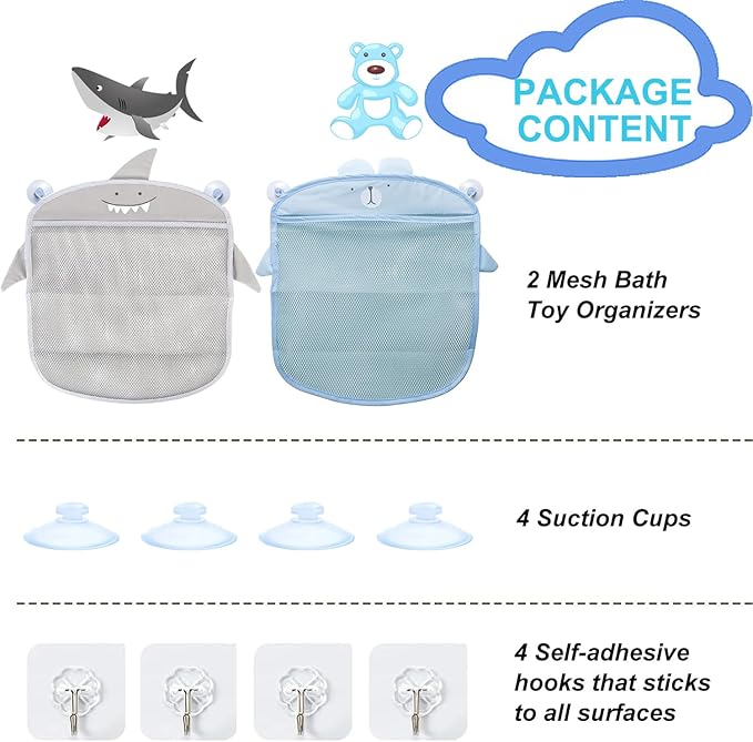 2 Pack Mesh Bath Toy Organizer, Cute Shark & Bear Bath Toy Storage Net Bathtub Toy Organizer, Perfect Bathroom Hanging Storage Bag Quick Dry Bath Toy Holder Bag with 8 Strong Hooks (Set A)