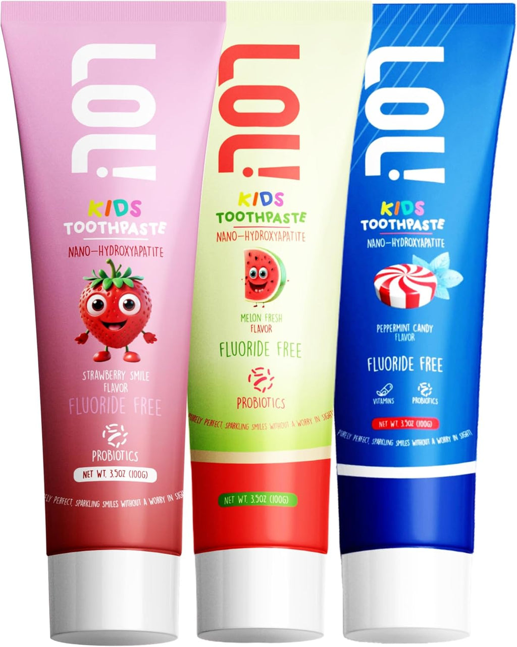 LOL Kids Toothpaste 3-Flavors Pack | Nano Hydroxyapatite Toothpaste, Probiotics, Vitamins A, C, E | Safe if Swallowed, No SLS | 1 Peppermint, 1 Strawberry & 1 Melon Flavor