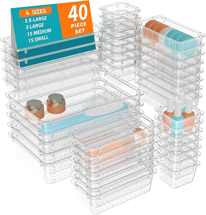 WOWBOX 40 PCS Clear Plastic Drawer Organizer Set, 4 Sizes Desk Drawer Organization and Storage Containers for Makeup, Cosmetics, Jewelry and Gadgets in Kitchen, Bathroom, Bedroom, Office, Clear