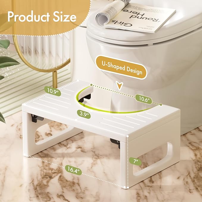 AmazerBath Bamboo Toilet Stool, 7 Inches Foldable Squatting Potty Stools for Adults, Non-Slip Pooping Stool for Bathroom, 0.79" Thickness Poop Foot Step Stools for Kids, White