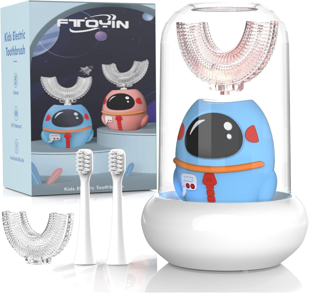 FTOYIN Kids Electric Toothbrush, U Shaped Toothbrush with 4 Brush Heads, Ultrasonic 360° Cleaning, 5 Modes, Smart 45s Timer, IPX7 Waterproof (Ages 2–12)