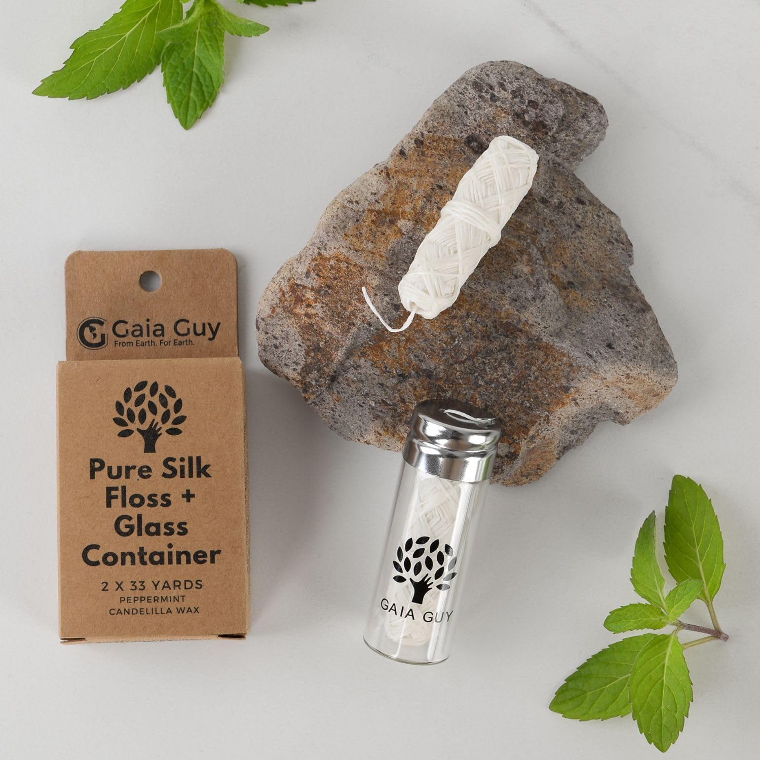 Natural Silk Dental Floss with Refillable Glass Container | Free Refill | Natural Candelilla Wax | 33yds x 2 | Peppermint | Eco-Friendly Zero Waste Oral Care (Peppermint)