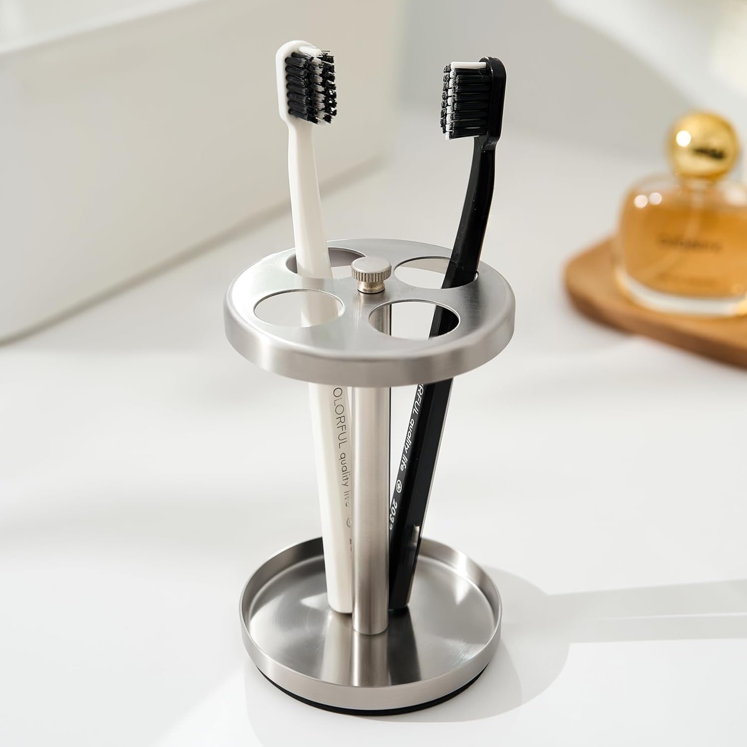 Brushed 18/8 Stainless-Steel Toothbrush Holder Stand: Rustproof Bathroom Countertop Organizer, 4 Ventilated Slots Hold Manual Toothbrushes, Razor