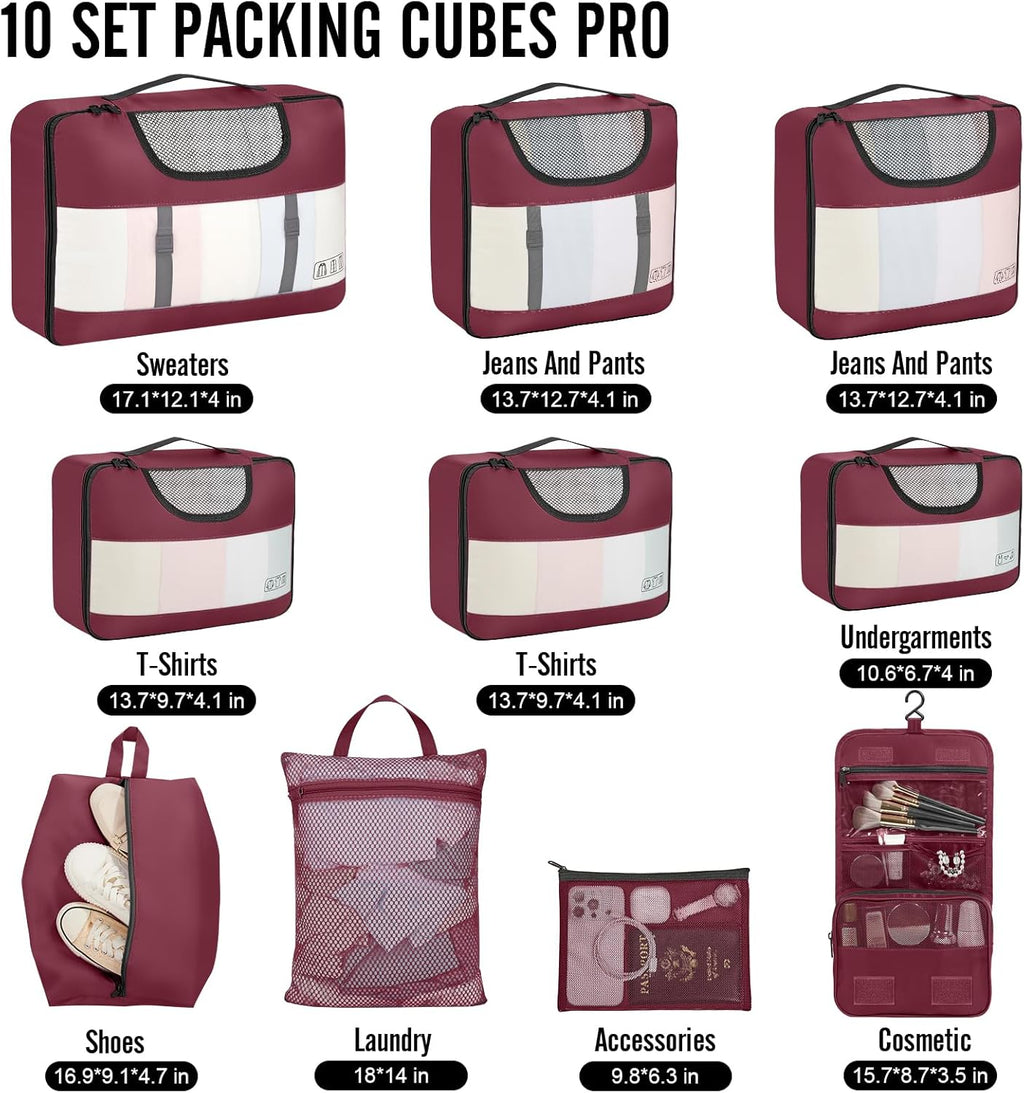 Veken 10 Set Packing Cubes for Travel Essential, Suitcase Organizer Bags in 4 Sizes, Carry-On Luggage Accessories with Large Laundry & Hanging Toiletry Bag, Must-Have for Airplane, Road Trip & Camping