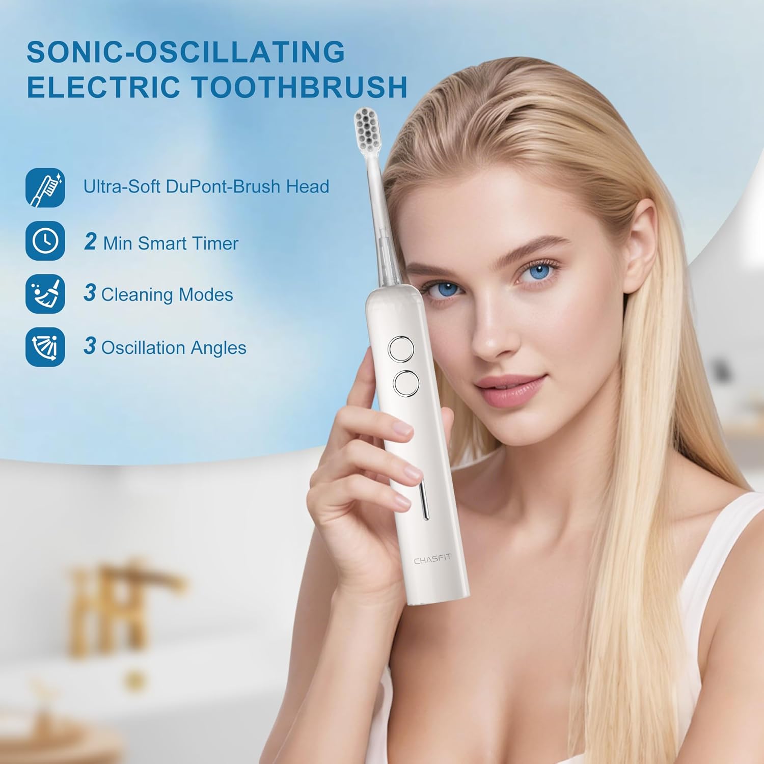 Electric Toothbrush Wave Oscillation & Vibration Sonic Tooth Brush for Adults BASS-Brushing Technique Travel Rechargeable Toothbrushes 4 Soft Bristle Replace Heads IPX7 Gifts for Men Women White