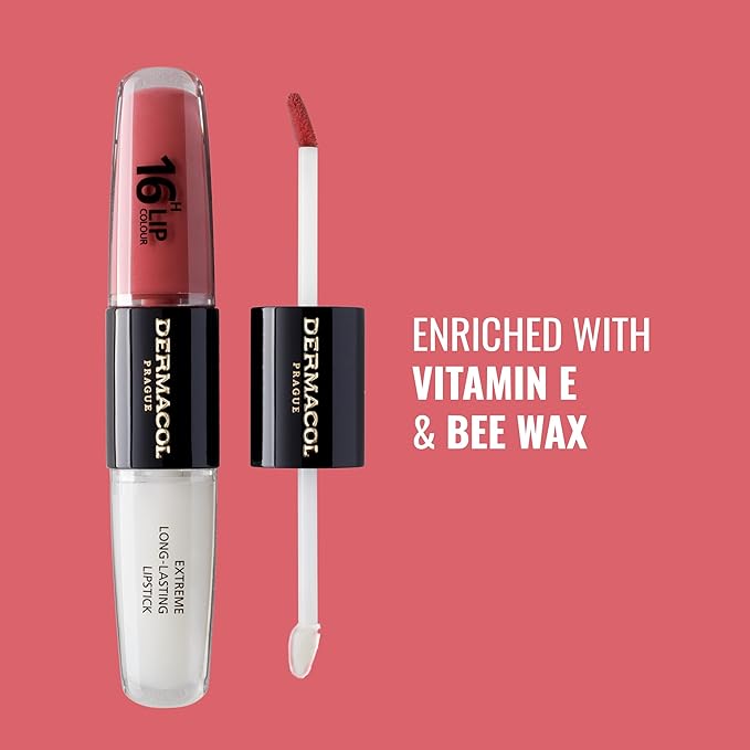 Dermacol NEW 16-Hour Lip Colour, Highly Pigmented Glossy Lip Stain, Two-Phase Lip Plumper Gloss, Kissproof Lip Makeup Products with Matte and Glitter Finish, n.1