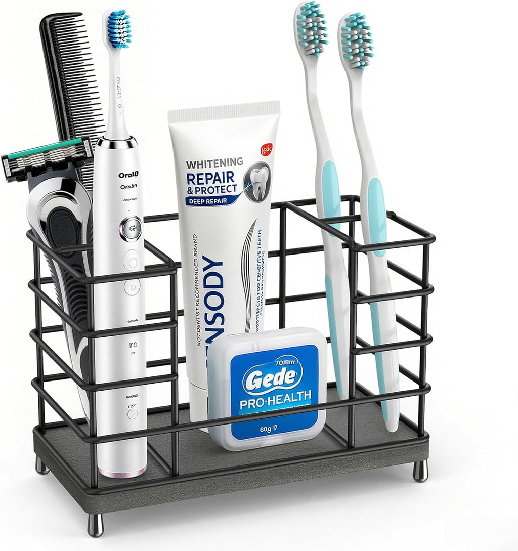 Toothbrush Holder with Quick Drying Mat—Toothbrush and Toothpaste Holders for Bathrooms—5 Slots Openwork Design Black Toothbrush Holder Set,Bathroom Counter Organizer for Electric Toothbrush