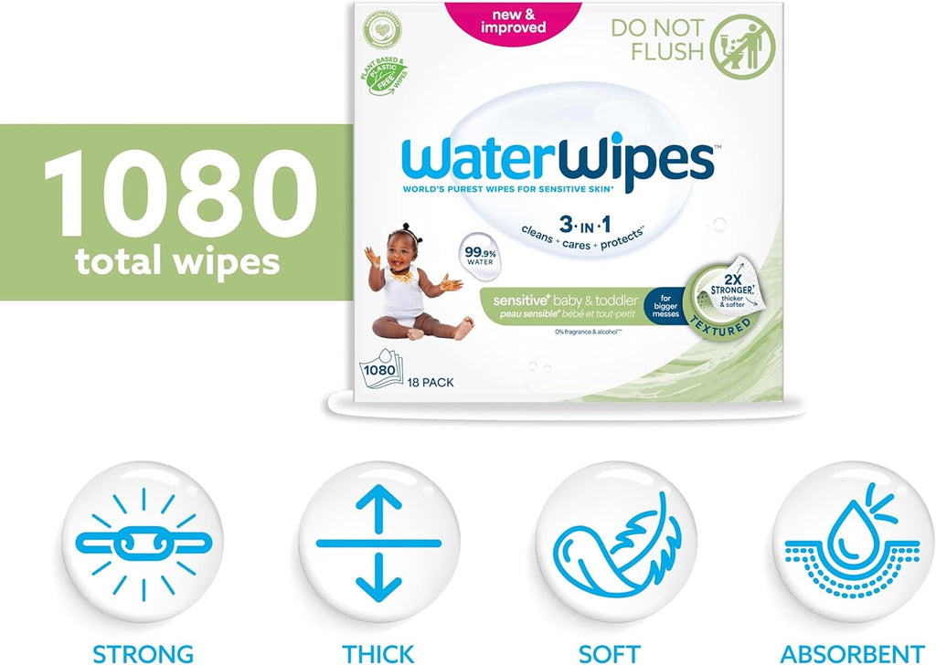 WaterWipes Sensitive+ Baby & Toddler Wipes, 3-In-1 Cleans, Cares, Protects, 99.9% Water, Textured Clean, Unscented & Hypoallergenic, 1080 Count (18 Packs)