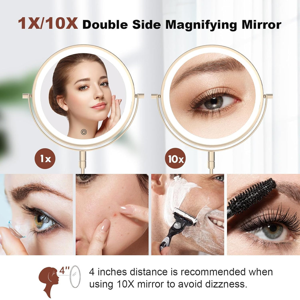 Rechargeable Wall Mounted Makeup Mirror - 8 Inch Double Sided 1X/10X Magnifying Mirror with 3 Color Lights Dimmable Touch Screen, 360°Swivel 19.6 Inch Extendable Accordion Bathroom Mirror - Nickel