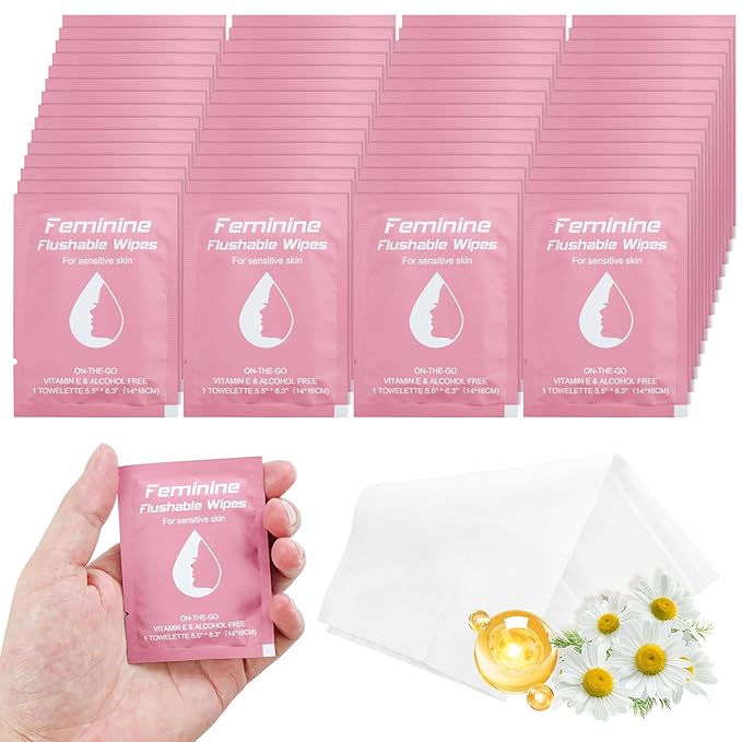 100 Feminine Wipes Flushable Travel Individually Wrapped,Travel Wipes for Women,Feminine Care Wet Wipes Travel Size Vaginal Wipes for Adult, Girl and Homeless