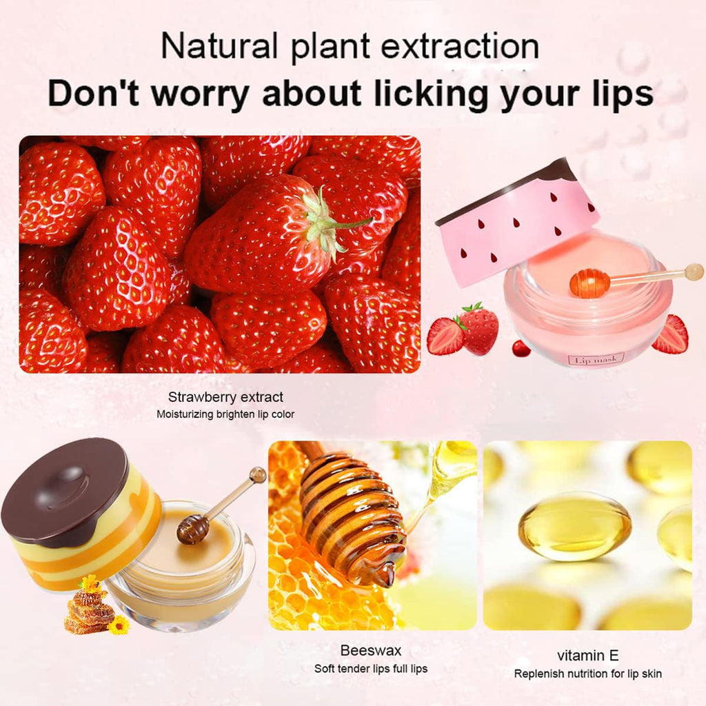 4PCS Strawberry & Bee Lip Balm Honey Pot, Vitamin E & Moisturizing Propolis Sleeping Lip Mask, Effective Reduces Lip Lines Prevention Dry and Cracked Scrubs Exfoliator Smoothing Dry Lip Care