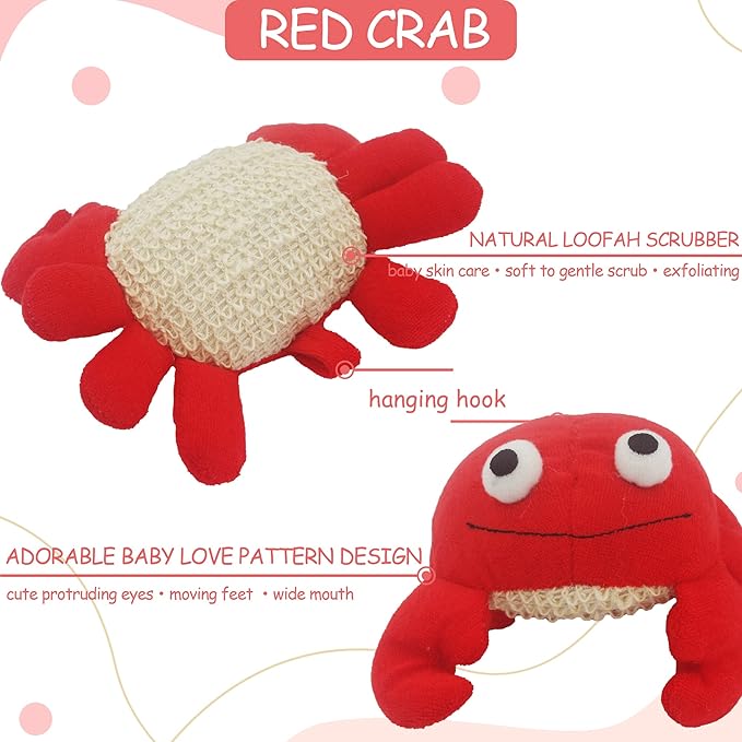 (2 Pack) Animal Body Scrubber Natural Linen Shower Ball for Toddler Kids Gentle Exfoliating Bath Sponge Loofah Pouf in Yellow Starfish Red Crab with Cute Big Eyes Design