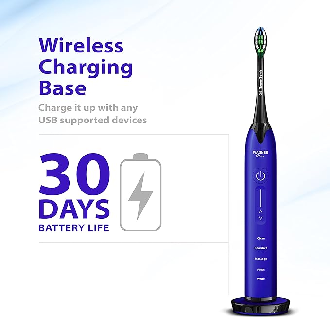 Wagner Stern Ultrasonic whitening Toothbrush with Pressure Sensor. 5 Brushing Modes and 4 Levels of Intensity, 8 Soft bristles, Travel case.