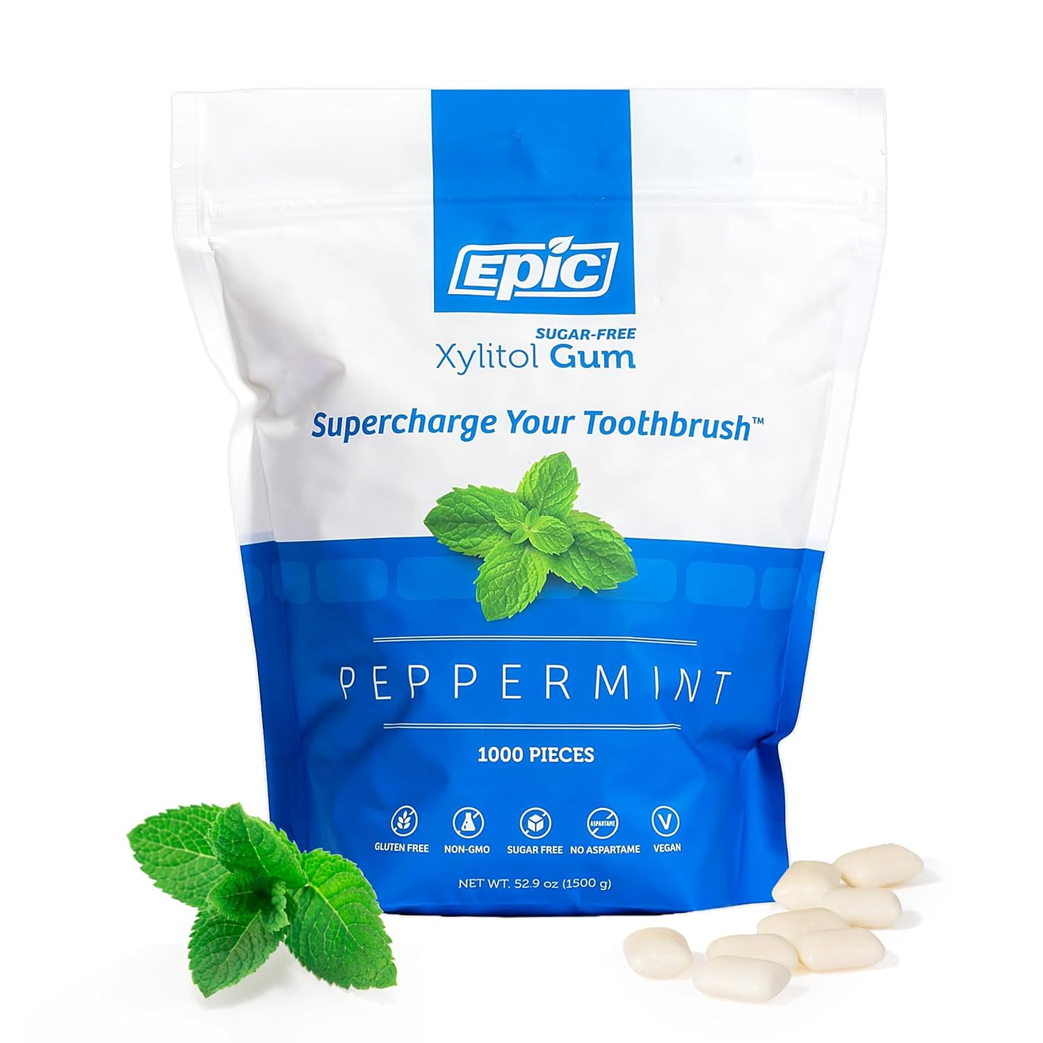 Epic 100% Xylitol Peppermint Chewing Gum - Sugar Free, Aspartame Free Dental Gum - Supports Oral Health & Fresh Breath - 1000 Pieces