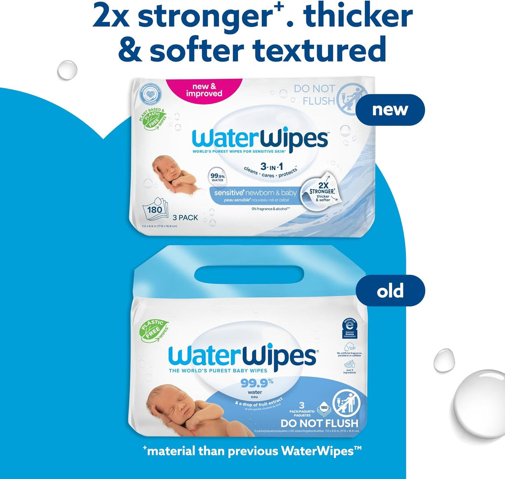 WaterWipes Sensitive+ Newborn & Baby Wipes, 3-In-1 Cleans, Cares, Protects, 99.9% Water, Unscented & Hypoallergenic, 180 Count (3 Packs)