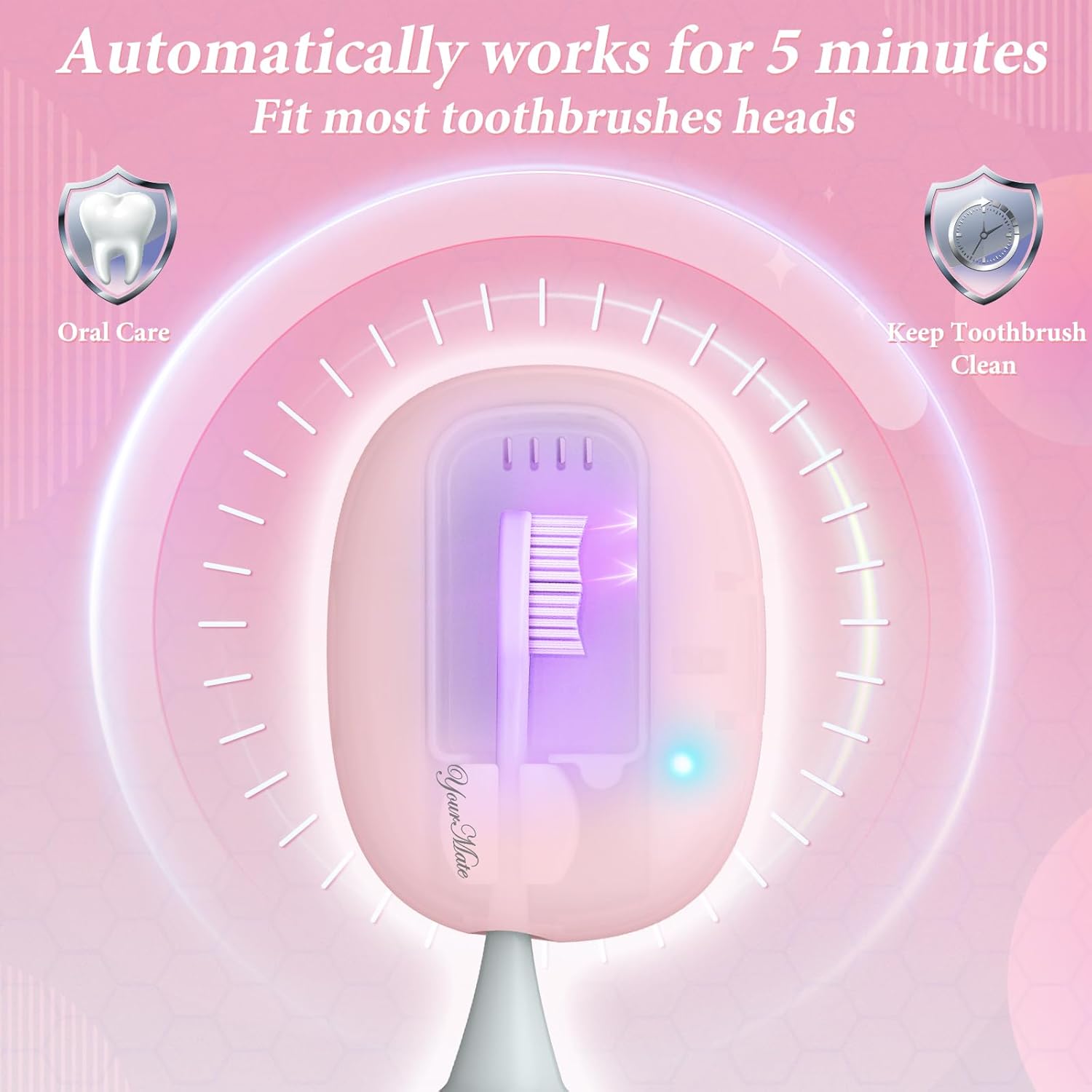 YourMate UVC Rechargerable Toothbrush Sanitizer Case Travel Toothbrush Covers Case with Holder for Houshold and Traveling or Business Trip Pink