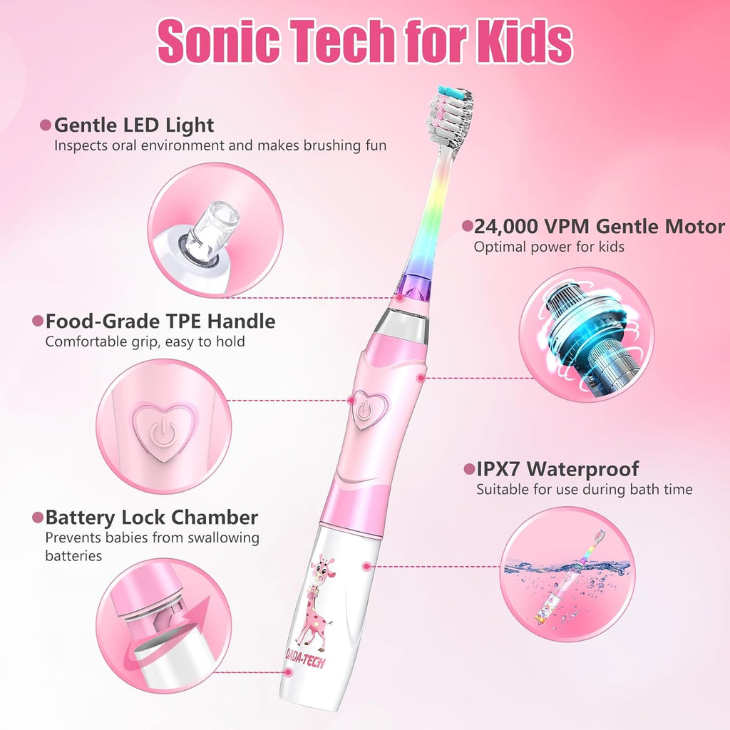 Kids Electric Toothbrush Toddler Toothbrush Age 2-4-8-12 Girls Electric Toothbrush with Timer Rainbow LED Light Up Vibrating Toothbrush Battery Operated Childrens Sonic Tooth Brush (Pink Giraffe)