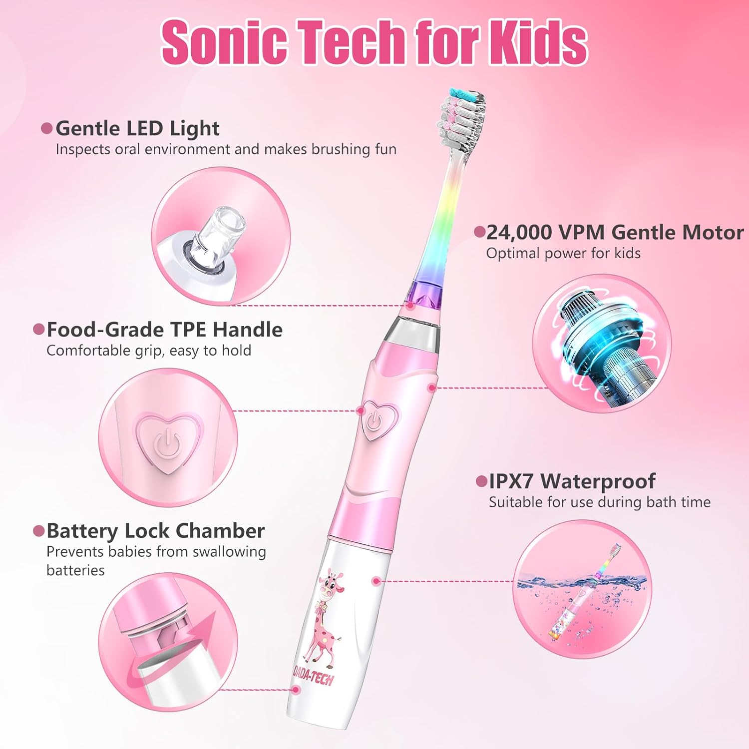 Kids Electric Toothbrush Toddler Toothbrush Age 2-4-8-12 Girls Electric Toothbrush with Timer Rainbow LED Light Up Vibrating Toothbrush Battery Operated Childrens Sonic Tooth Brush (Pink Giraffe)