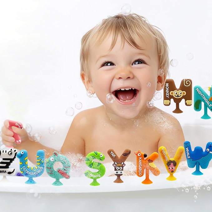26pcs Alphabet Bath Toys for Toddlers , Educational Suction Bath Toys with Animal Letters, Montessori Sensory Toy for Kids 3-12, No Hole Food-Grade Silicone Toys for Autism/ADD/ADHD