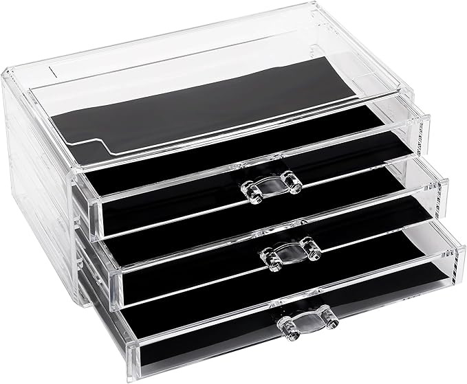 Sea Team Clear Makeup Organizer with Drawers, Acrylic Plastic Cosmetic Display Case, Jewelry Storage Box, Holder for Dresser, Bathroom, Vanity, Countertop (3 Middle Drawers)