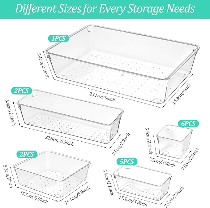 16 Pack Plastic Drawer Organizers Set, 5-Size Kitchen and Office Desk Drawer Organizer Trays, Acrylic Non Slip Storage Bin Divider for Makeup,Jewelry,Gadgets Utensils,Bedroom,Bathroom Vanity,Clear