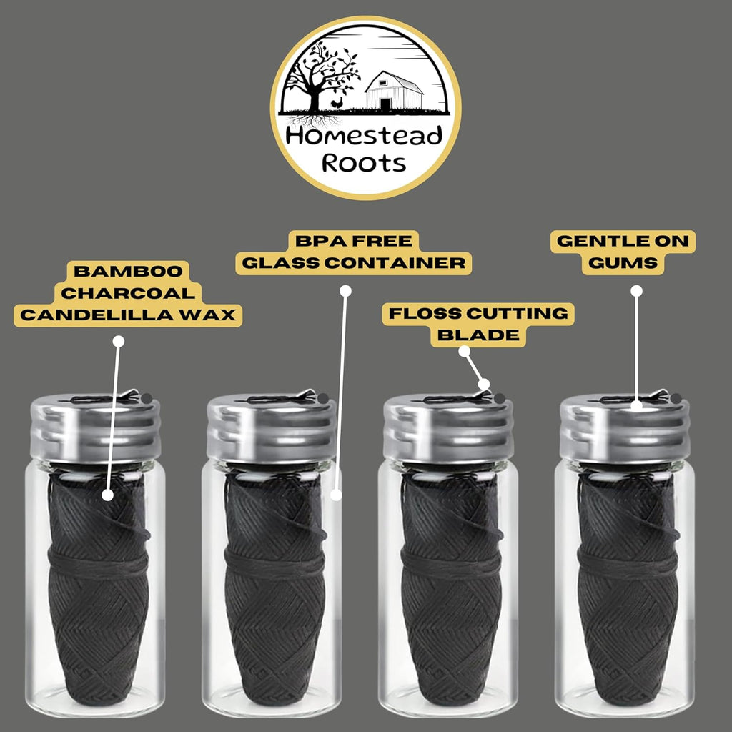 Natural Bamboo Dental Floss 4 Pack - Refillable Glass Containers (100 Feet Each) - Zero Waste, Vegan, Non Toxic, Extra-Strong Charcoal-Infused Floss