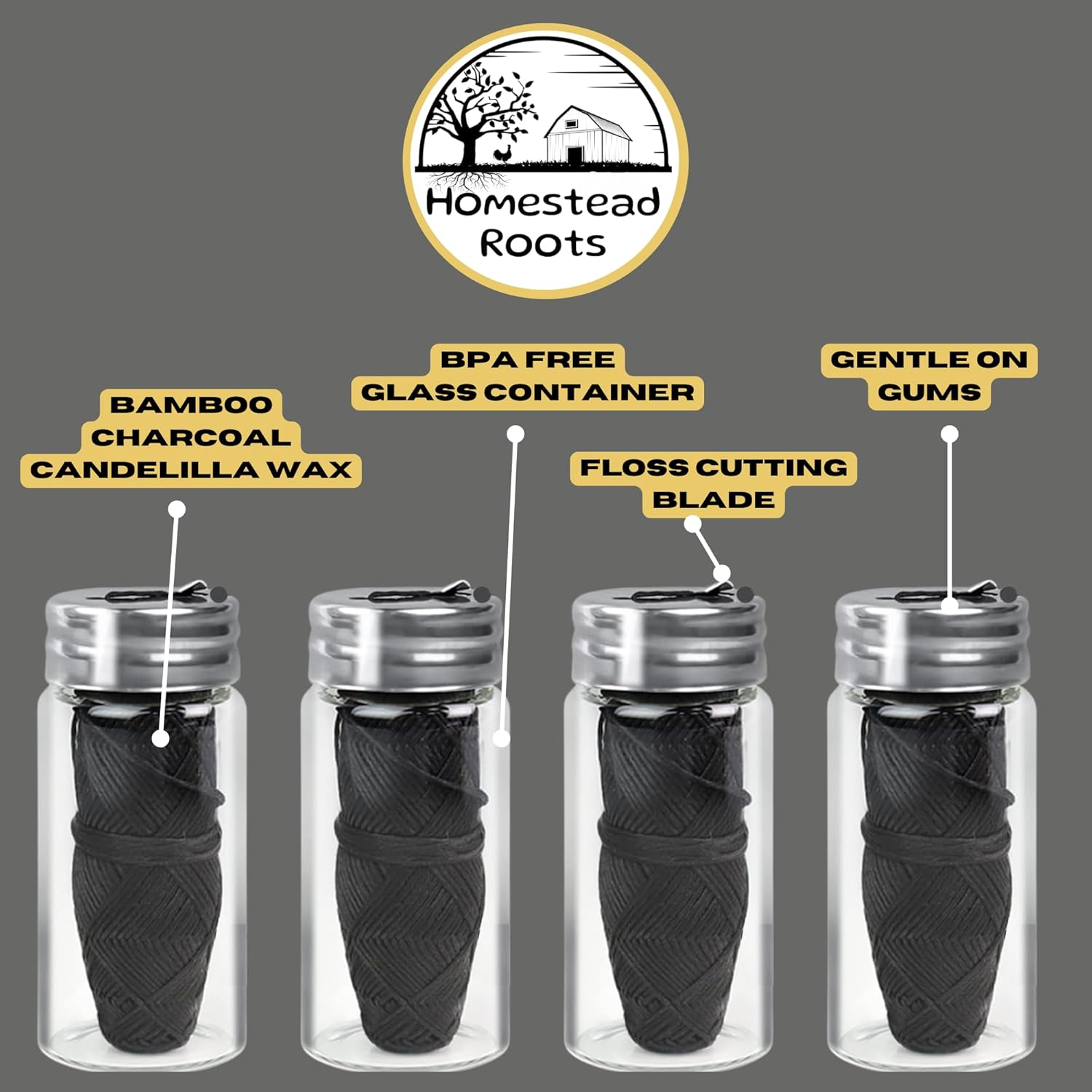 Natural Bamboo Dental Floss 4 Pack - Refillable Glass Containers (100 Feet Each) - Zero Waste, Vegan, Non Toxic, Extra-Strong Charcoal-Infused Floss