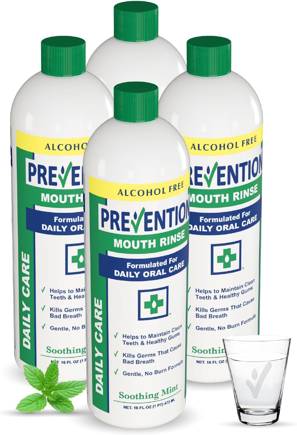 Prevention Daily Care Alcohol-Free Mouthwash, Hydrogen Peroxide Teeth Whitening with Soothing Fresh Mint for Bad Breath Treatment, Fluoride-Free Gum Care Oral Mouth Rinse 16 oz 4 Pack