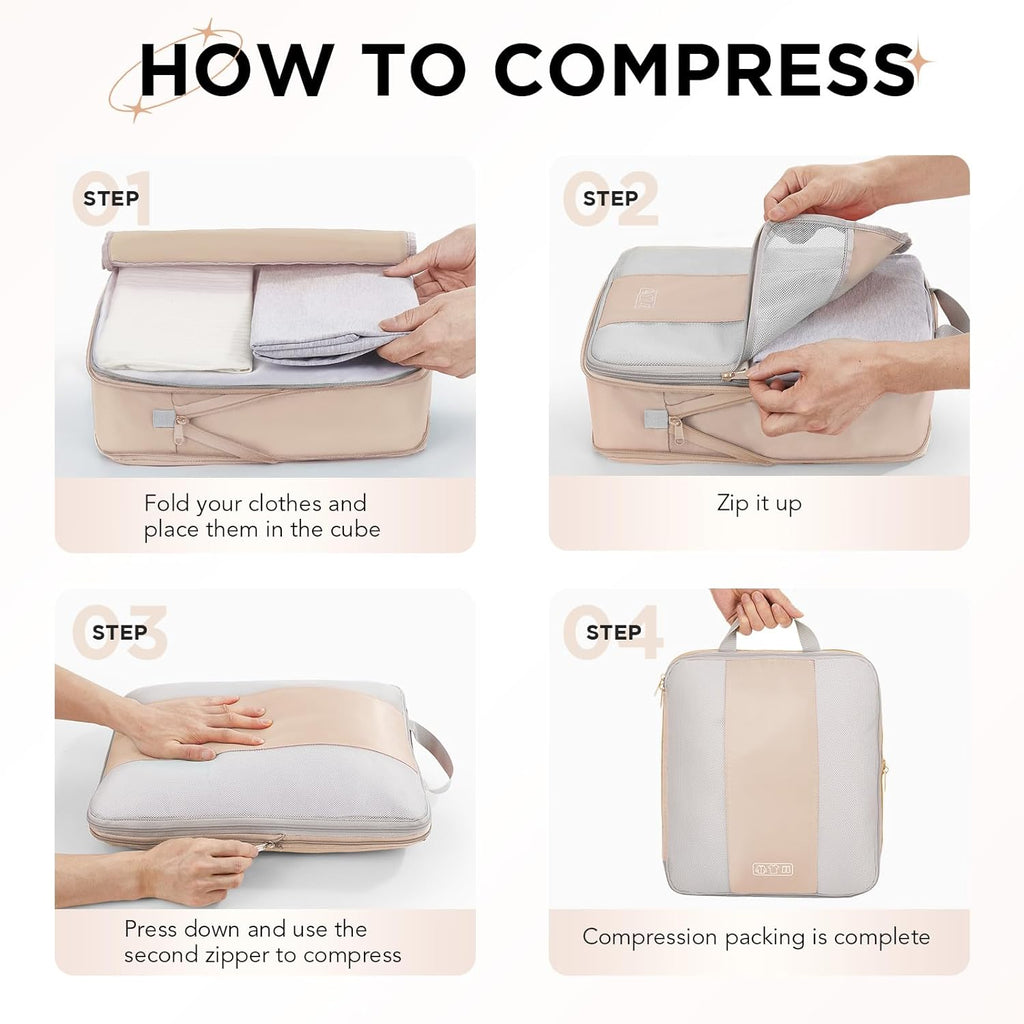2 Set Compression Packing Cubes for Travel Essentials,Compressible Expandable Packing Cubes for Suitcase,OlarHike Luggage Organizer Bags for Travel,Handy Helper for Organizing Clothes(Beige)
