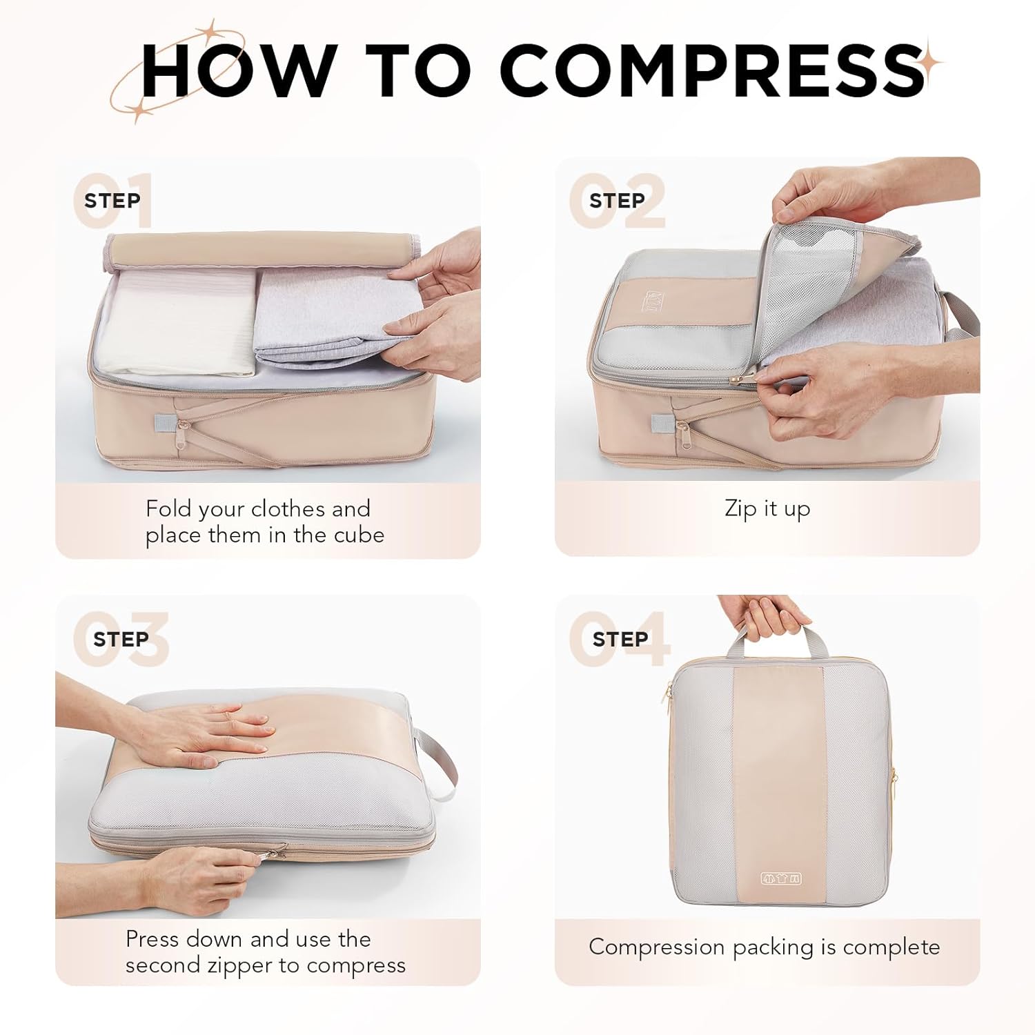 2 Set Compression Packing Cubes for Travel Essentials,Compressible Expandable Packing Cubes for Suitcase,OlarHike Luggage Organizer Bags for Travel,Handy Helper for Organizing Clothes(Beige)