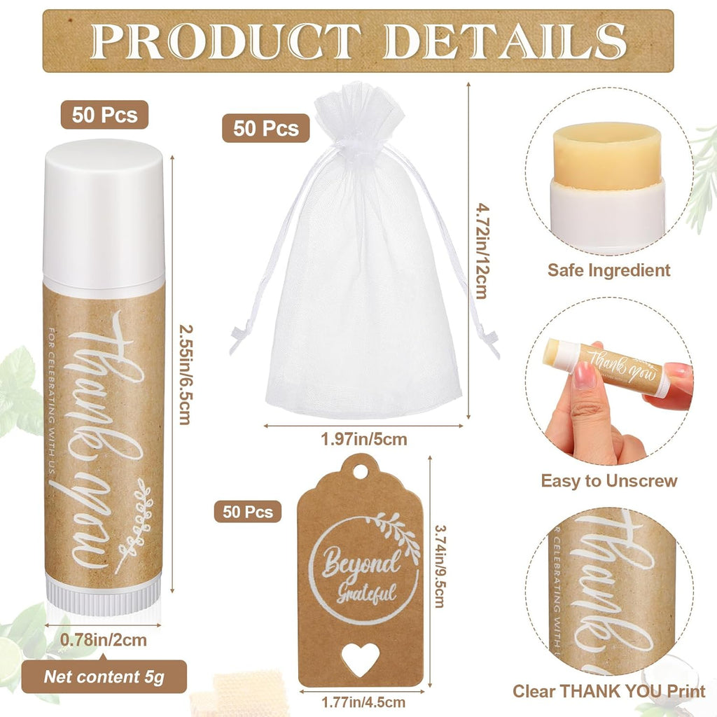 Leelosp Wedding Thank You Lip Balm Bulk Small Natural Moisturizing Mini Balm Lip Care Product Include Organza Bag and Appreciation Card for Women Baby Shower Favors, 5 Fragrance(50 Sets)