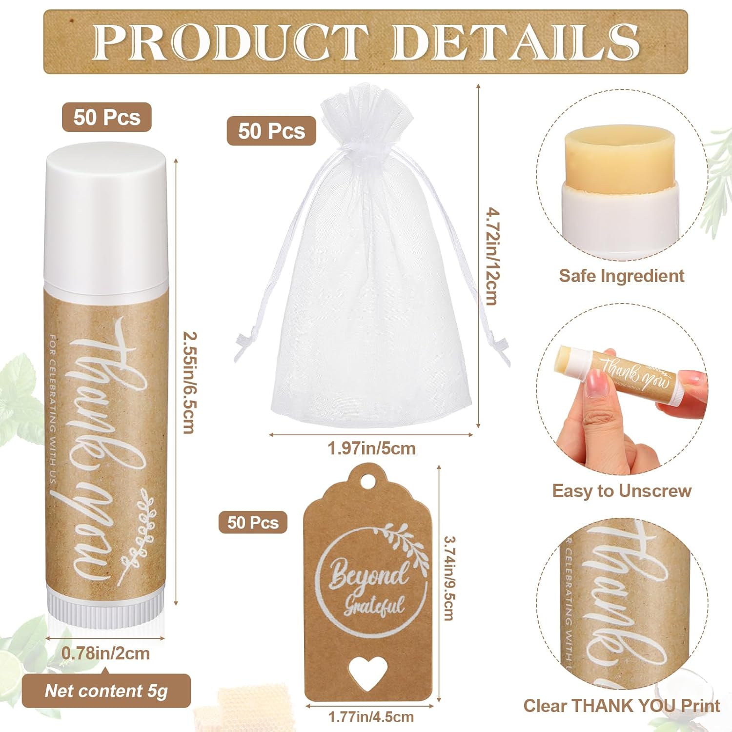 Leelosp Wedding Thank You Lip Balm Bulk Small Natural Moisturizing Mini Balm Lip Care Product Include Organza Bag and Appreciation Card for Women Baby Shower Favors, 5 Fragrance(50 Sets)