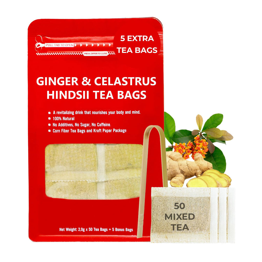 Pure Ginger Tea Bags with Celastrus Hindsii - 55 Count (+5 Tea Bags) - 5.15 oz, Re-Steep Herbal Tea Blend, Corn Based Bags, Bamboo Tong Include, No Sugar Added, Natural Ginger Tea