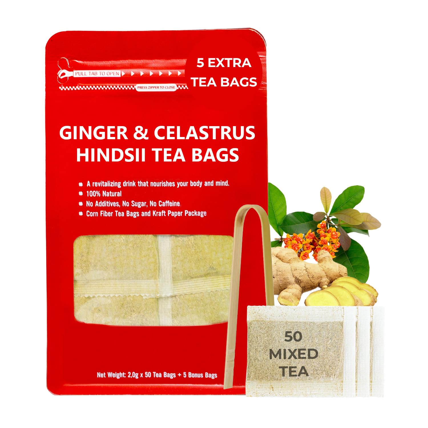 Pure Ginger Tea Bags with Celastrus Hindsii - 55 Count (+5 Tea Bags) - 5.15 oz, Re-Steep Herbal Tea Blend, Corn Based Bags, Bamboo Tong Include, No Sugar Added, Natural Ginger Tea