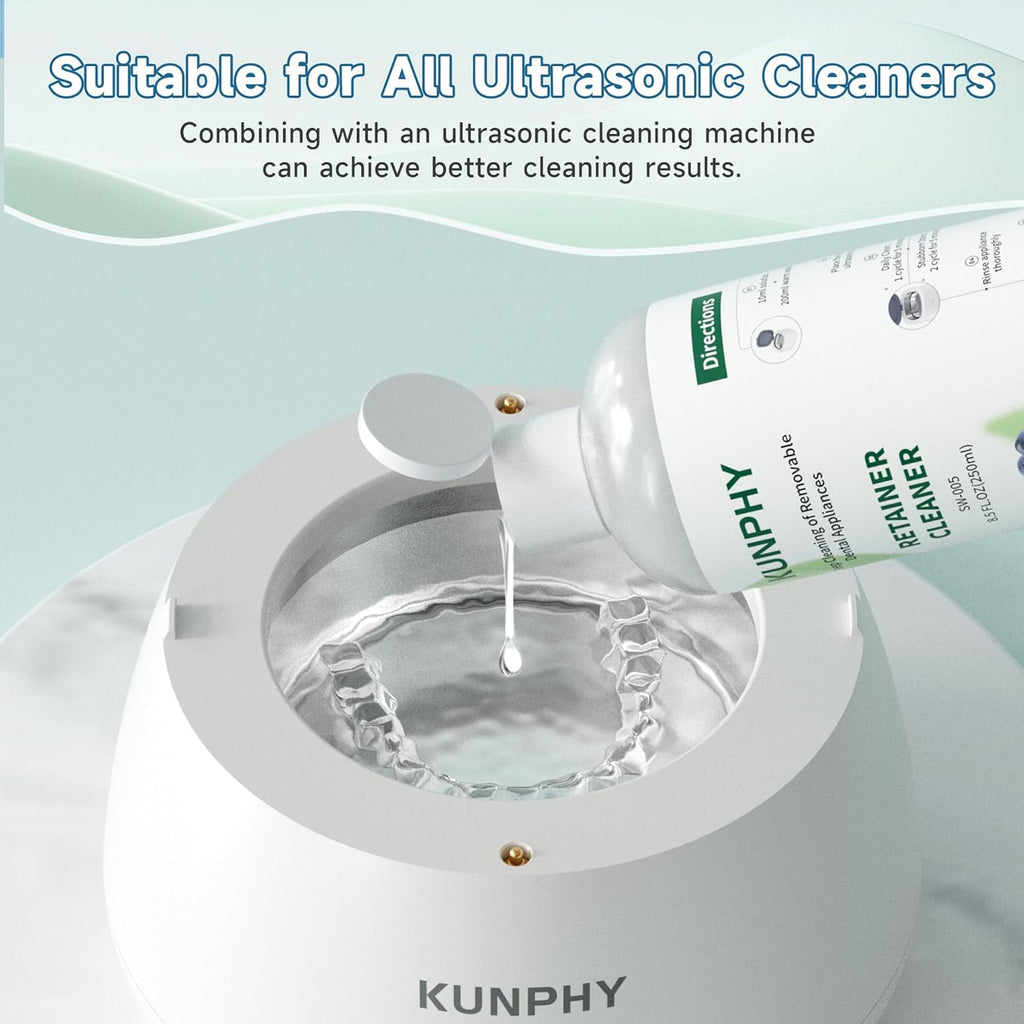 KUNPHY Ultrasonic Retainer Cleaner Solution Concentrate-Professional Cleaning of Retainers, Denture, Invisible Aligners, Mouth Guards, Night Guards, Remove Odors, Discoloration & Stains 8 oz(Mint)