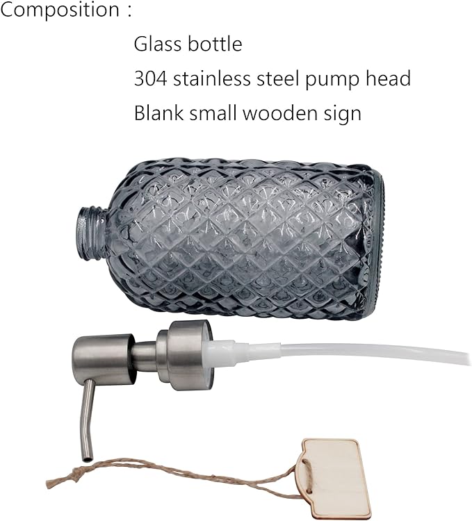 16 oz Diamond Pattern Glass Soap Dispenser, Kitchen and Bathroom Refillable Soap Dispenser with Rust Resistant Stainless Steel Pump for Hand Soap, Lotion Glass Liquid Dispenser(Grey-2pack)