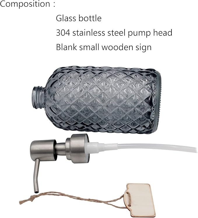 16 oz Diamond Pattern Glass Soap Dispenser, Kitchen and Bathroom Refillable Soap Dispenser with Rust Resistant Stainless Steel Pump for Hand Soap, Lotion Glass Liquid Dispenser (Grey)