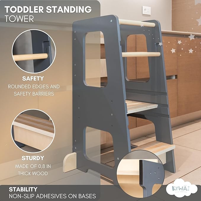 KYWAI® Toddler Kitchen Stool Helper, Adjustable Standing Tower with Safety Rails, Anti-Tip Design & Non-Slip Stickers, Sustainable Product with Extra Memory Game Made from Leftover Wood (Grey Blue)