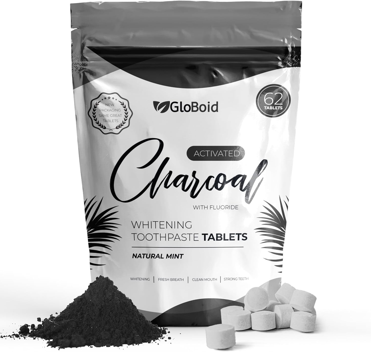 GloBoid Charcoal Toothpaste Tablets with Fluoride, Zero Waste Toothpaste Bits, Eco Friendly Toothpaste Tabs, Plastic Free Toothpaste Bites - 1 Month Supply - 62 Count - Mint