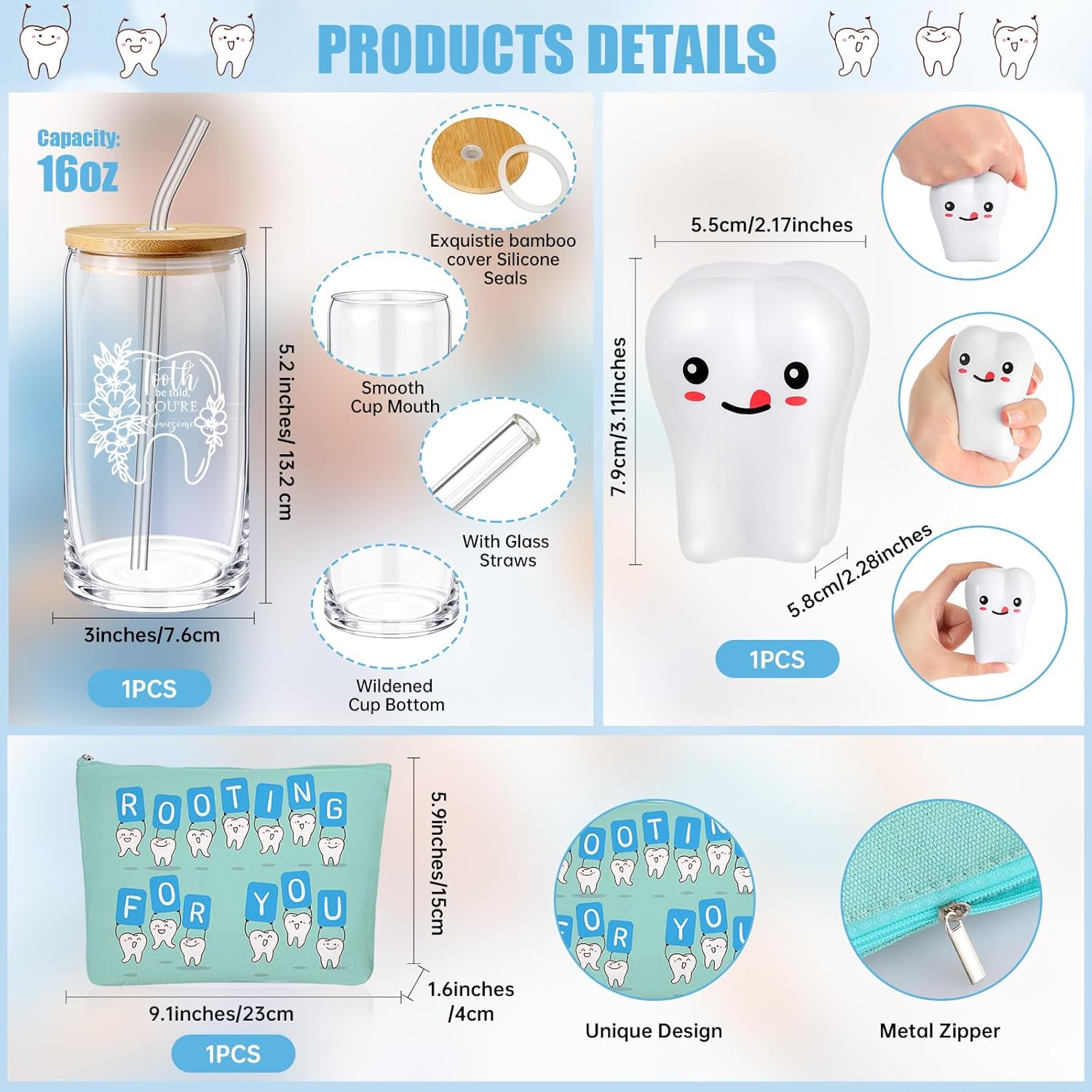 Sliner 3 Pcs Dental Hygiene Gifts Assistant Hygienist Gifts 16 oz Glass Cups Makeup Bag Teeth Stress Toy for Women Coworkers Nurse Dentist Retirement Graduation Christmas Birthday Gift(Multicolor)