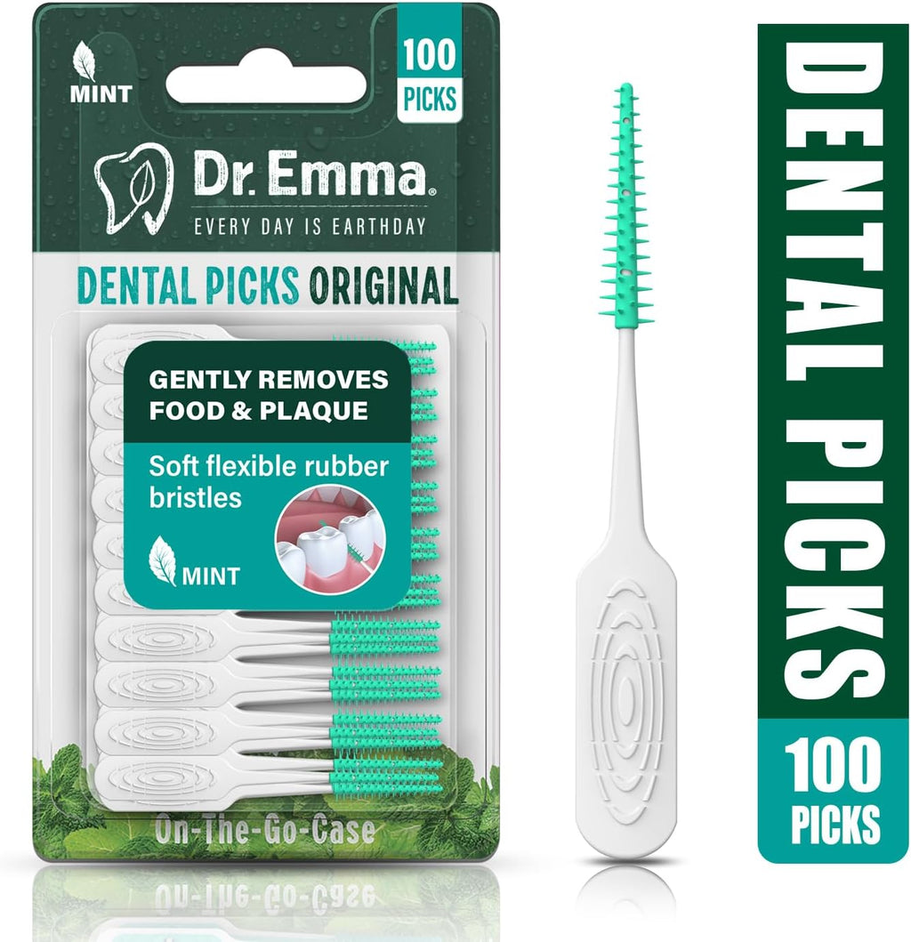 Dr. Emma Original Dental Picks Mint Soft Rubberized Tooth Picks Easy to Use Brush Picks 100Ct/Pack, 1 Pack(100Ct)