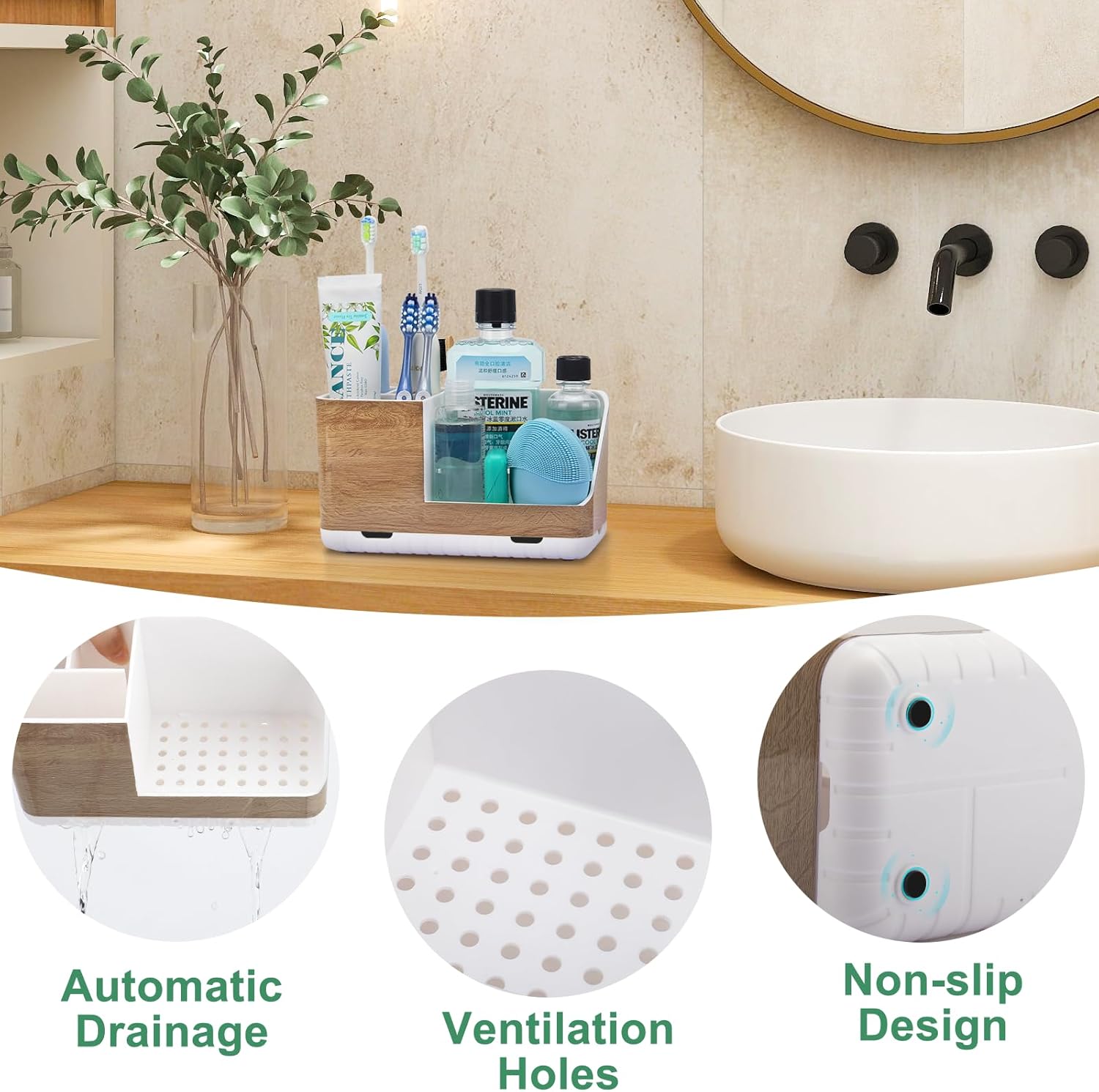 Toothbrush Holders for Bathrooms Countertop Organizer and Storage, Kids Electric Toothbrush and Toothpaste Holder, Bathroom Accessories Vanity Organizer (Wood Grain)