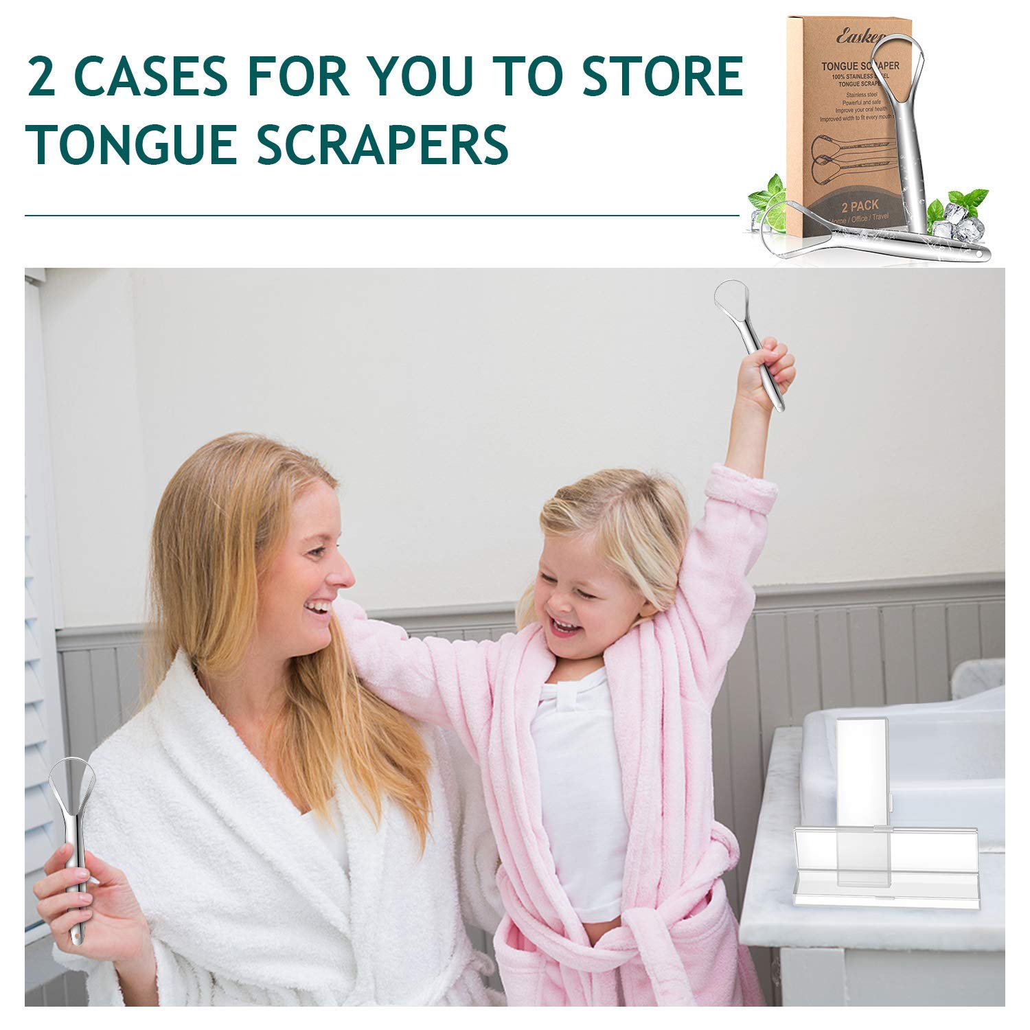 Tongue Scraper (2 Pack), Wide-head Tongue Cleaner with Nice Carrying Box, Easkep 100% Stainless Steel Tongue Scrapers Cleaners, for Men, Women, Adults, Kids