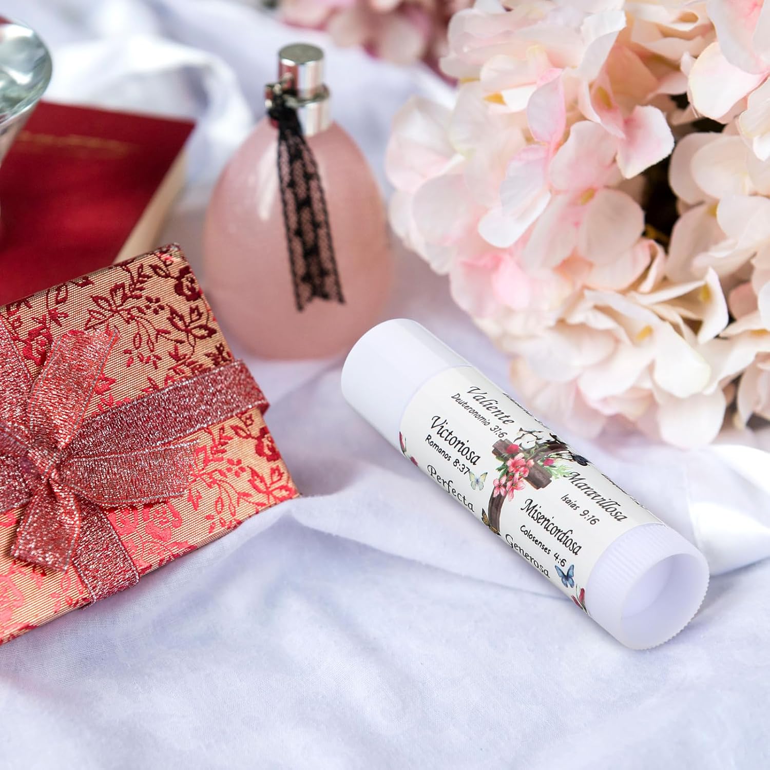 50 Pcs Christmas Christian Lip Balm Bulk Bible Verses Lip Balm Scripture Christian Gifts for Women Faith Religious Church Party Favor Inspirational Gift for Coworker Staff Employee(Rose)