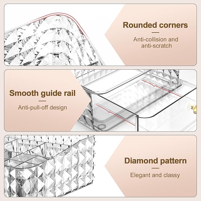 Makeup Organizer for Vanity, Stackable Cosmetics Organizer and Storage, Cosmetic Display Cases with 2 Drawers and 1 Tray for Makeup Brush, Hair Accessories, Lipstick and Jewelry, Clear