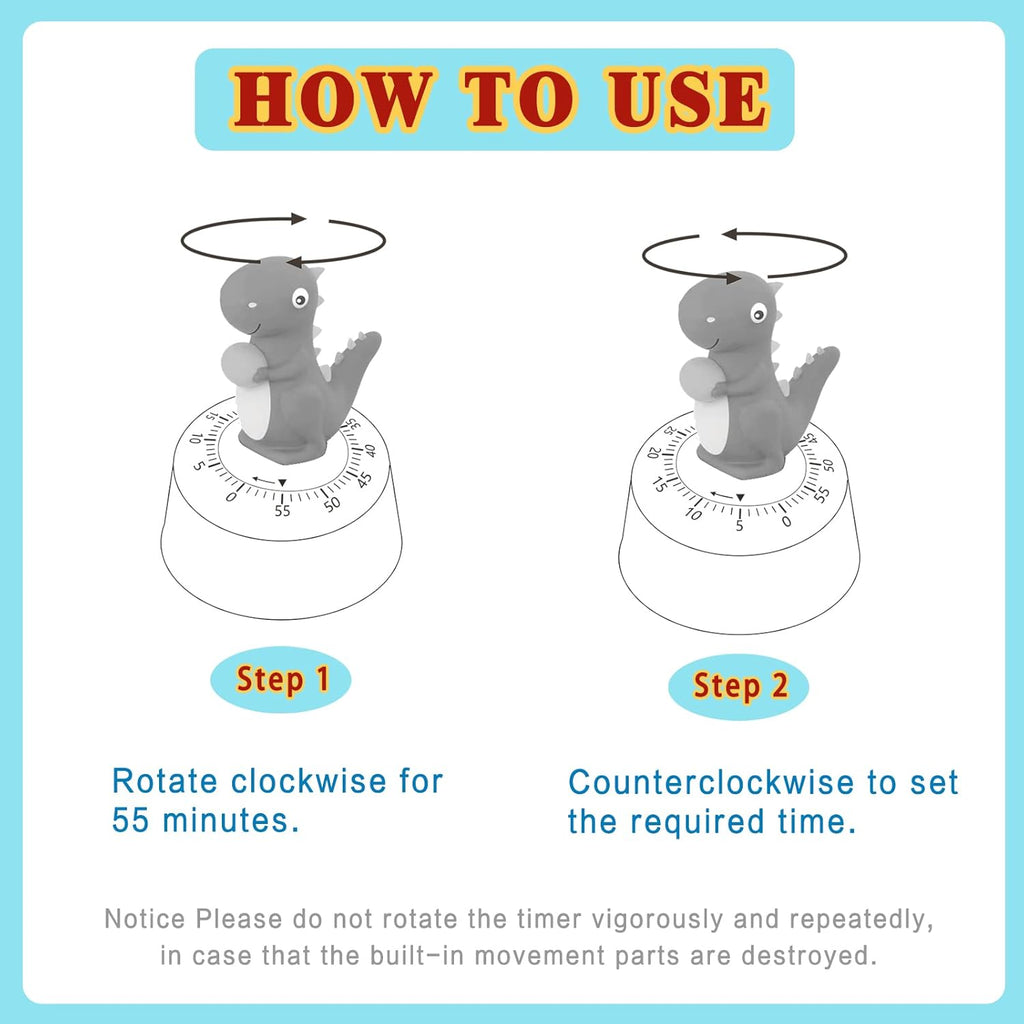 2 Pack Kitchen Timer, Cute Dinosaur Timer for Kids, 100% Mechanical Egg Timer for Cooking/Reading/Classroom/Do Sports.（Dinosaurs）